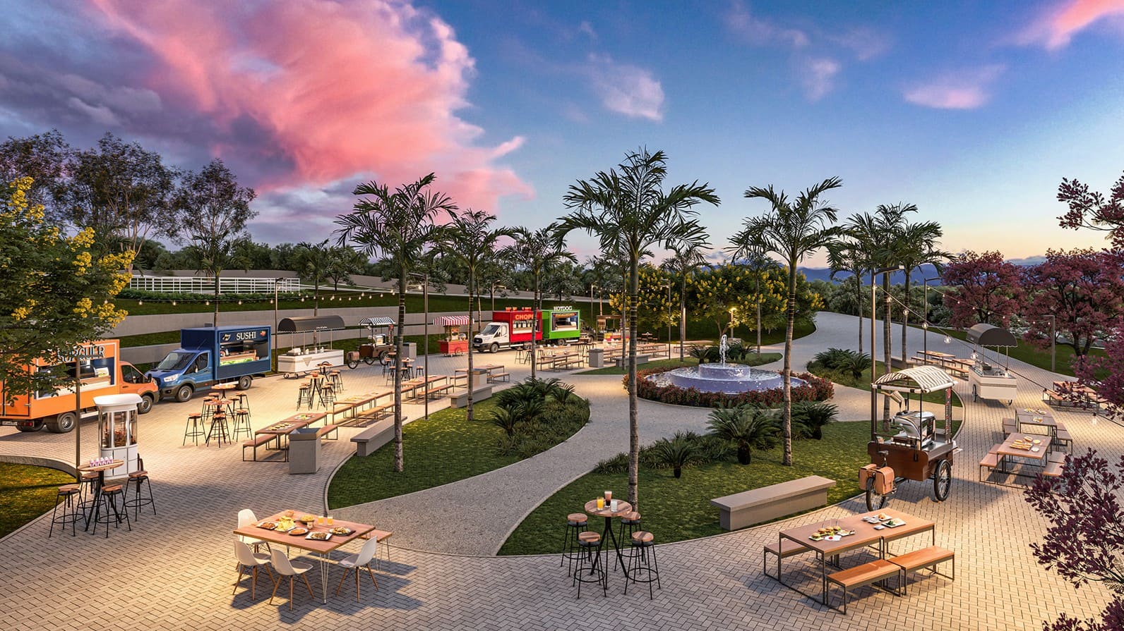 Perspectiva ilustrada da Praça de Convívio com sugestão de decoração Food Park
